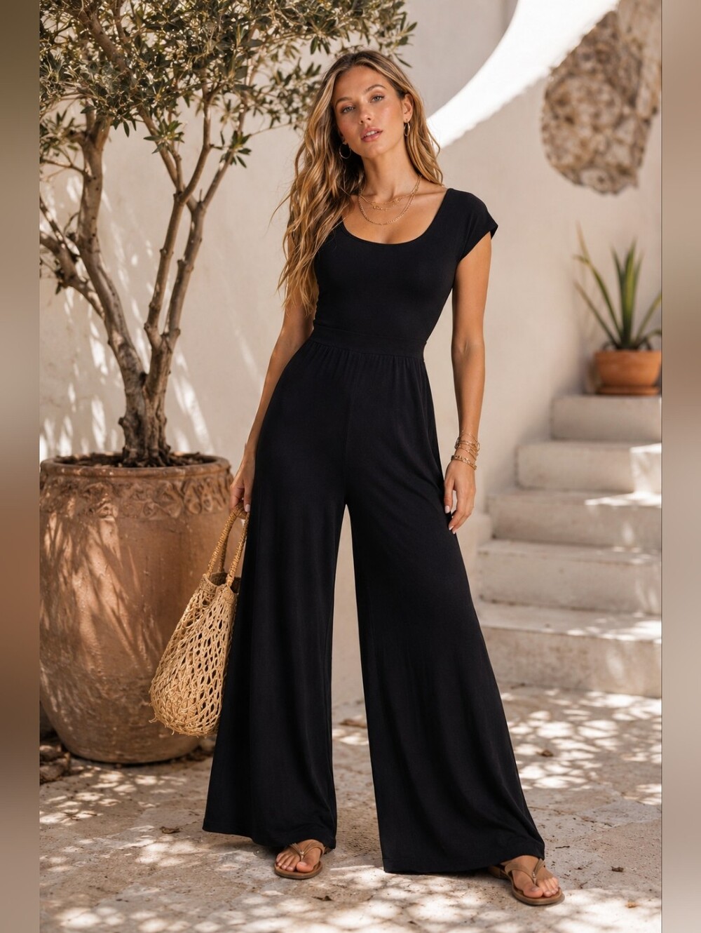 FREE PEOPLE BEACH Wide-Leg Open-Back Jumpsuit Black Beachy Loungewear Resort